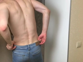 Hot boy in blue skinny jeans stroking his long dick (23cm)/ huge cum load
