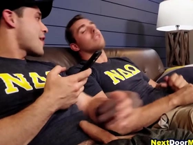 Straight frat boys jerk off then fuck together